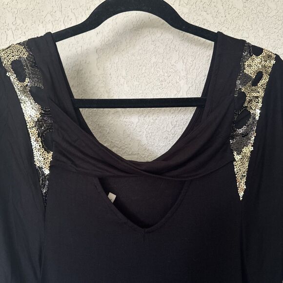 Fitted Black Gold Party Mini Dress Scoop Neck 3/4 Sleeve Sequin Stretch Size S - Picture 7 of 12